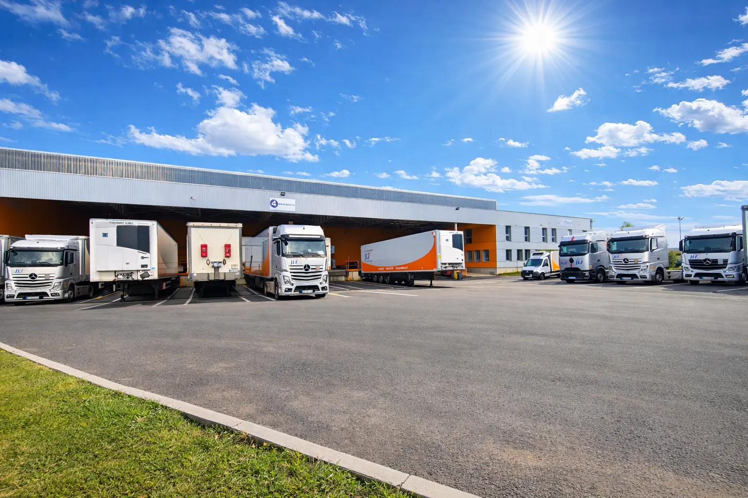 Les véhicules AS TRANSPORTS JLF devant les quais de l’entreprise à Seclin