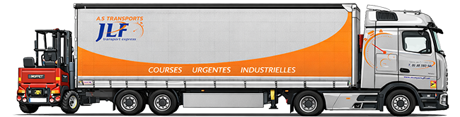 Camion AS TRANSPORTS JLF avec chariot embarqué