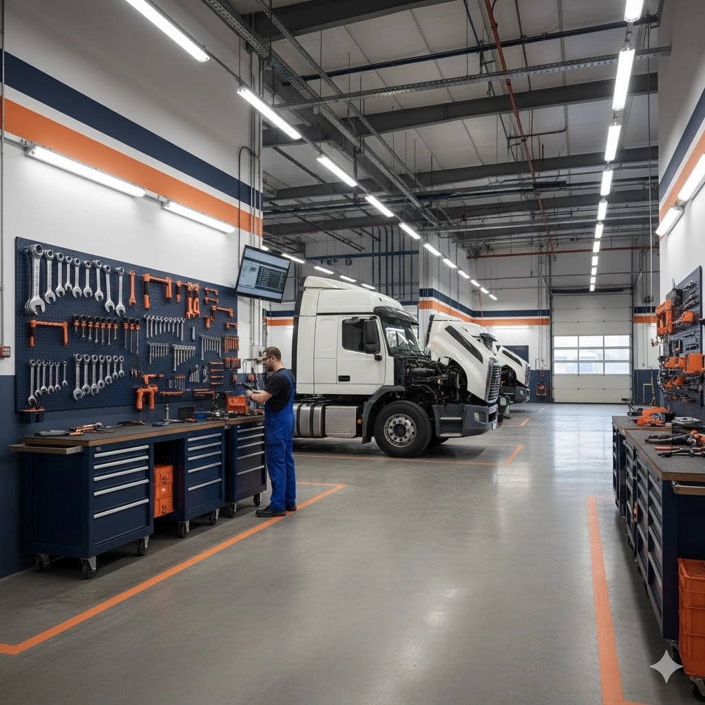 Illustration d’un atelier de maintenance de poids lourds