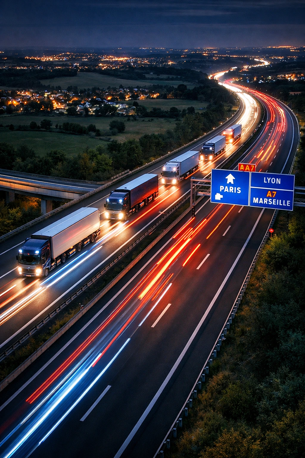 Illustration de poids lourds circulant sur une autoroute de nuit