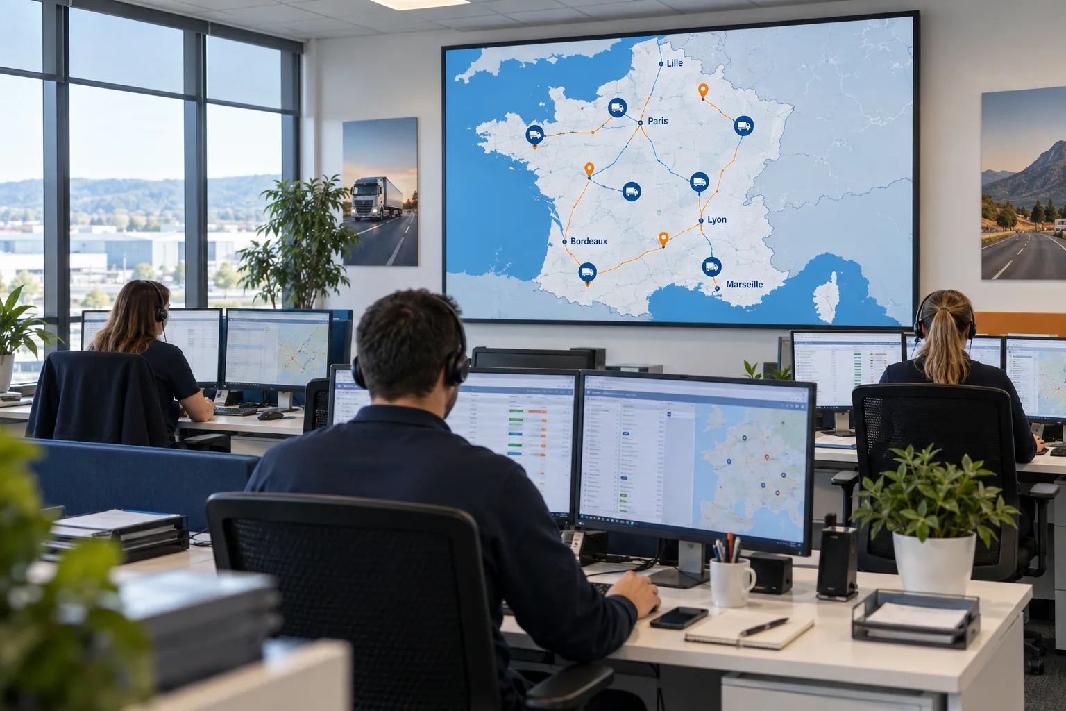 Illustration d’un open space d’exploitation transport avec un grand écran affichant une carte de France et la géolocalisation des camions